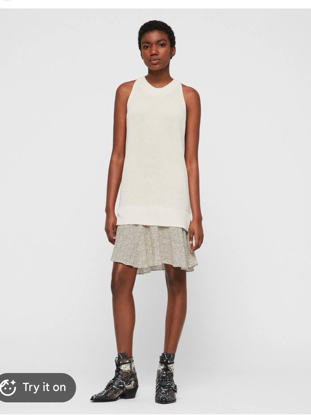 All Saints Cream Knit Sleeveless Dress with Ruffled Hem